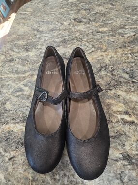 Dansko Black Shimmery Mary Jane Flats with Strap